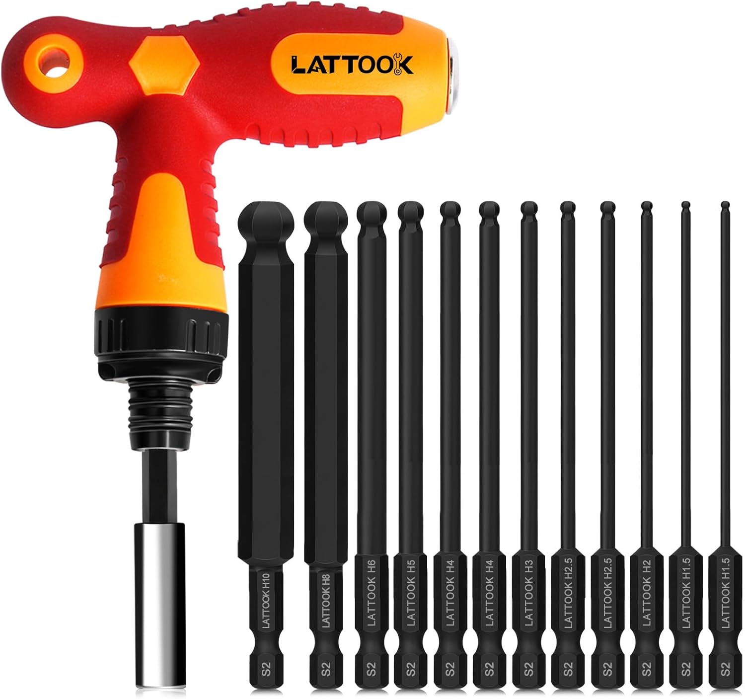 Ball End Hex Head Allen Wrench Drill Bit Set with Quick Release Bit Driver, LATTOOK 12PCS Metric Ball End Hex Bit Set Allen Hex Key, Magnetic S2 Steel, 4'' Long