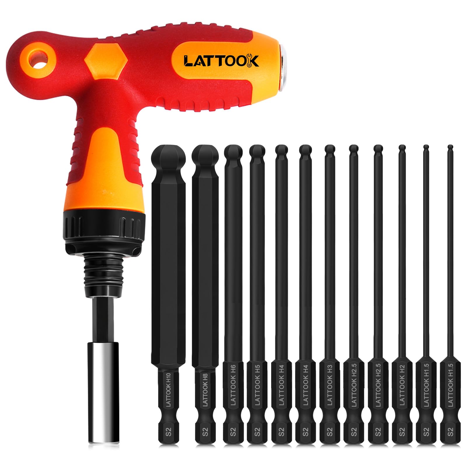 Ball End Hex Head Allen Wrench Drill Bit Set with T Handle Ratchet Driver, LATTOOK 12PCS Metric Ball End Hex Allen Key Drill Bit Set with T Handle, S2