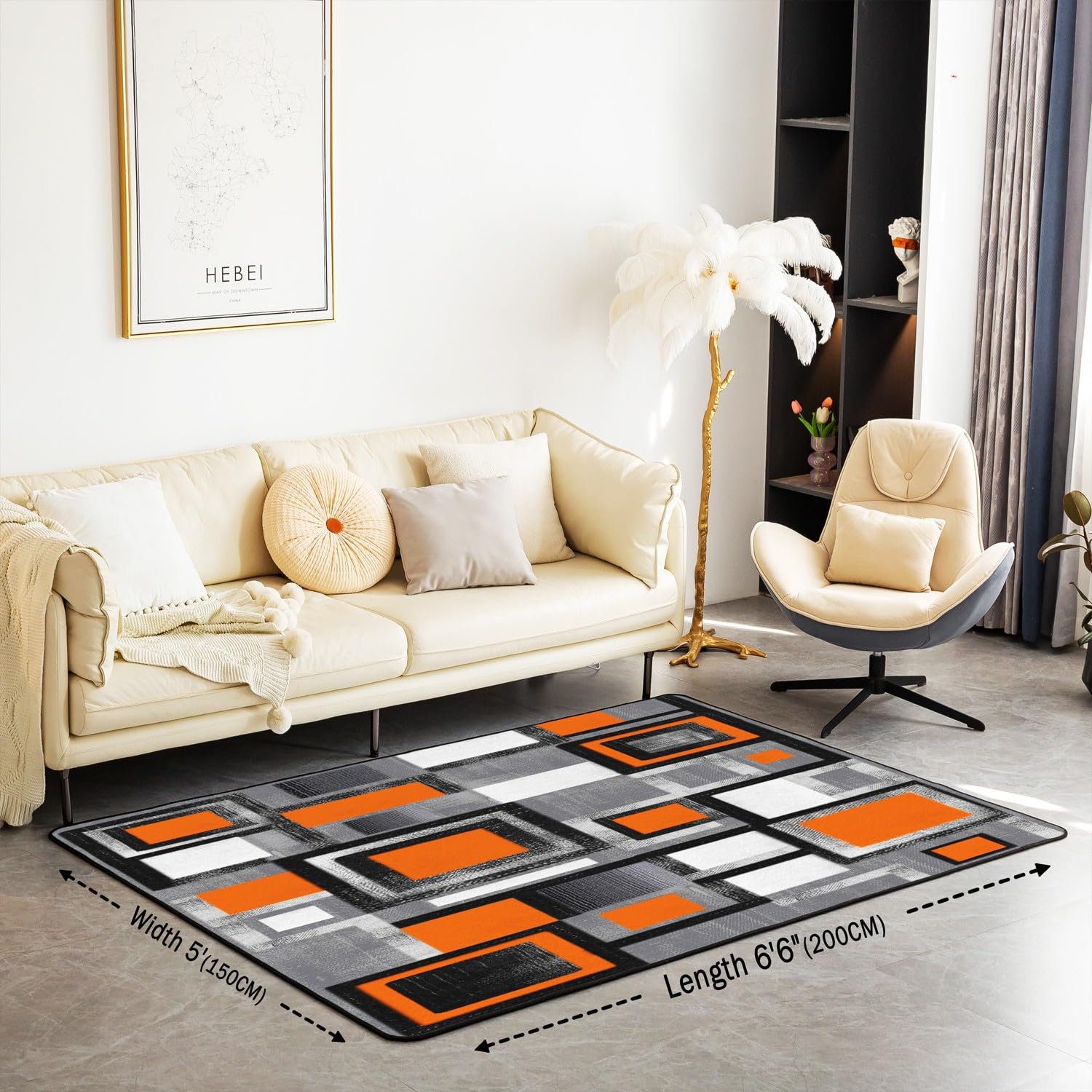 Loussiesd Geometric Living Room Rugs Area Rug 150x200cmOrange Grey Black Accent Rug for Buffalo Check Indoor Floor Mat Non-slip Modern Abstract Art Rug - Image 2
