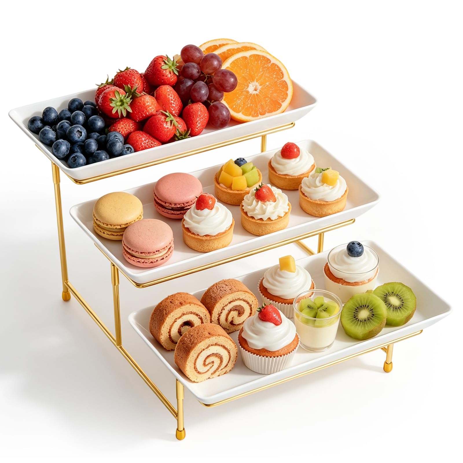 Piatto da portata a 3 livelli con supporto in metallo dorato, vassoi riutilizzabili bianchi per buffet, torte, snack, verdura, frutta, biscotti e dessert