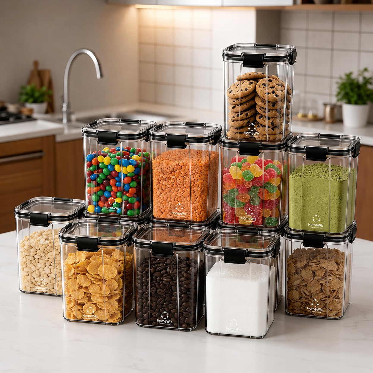 HomeWiz Airtight Kitchen Storage Box 1200ml x10 | Containers For Kitchen Storage Set | Food Grade BPA-Free Kitchen Containers Set With 2 Side Clip-Lock | Stackable, For Pantry and Fridge Storage