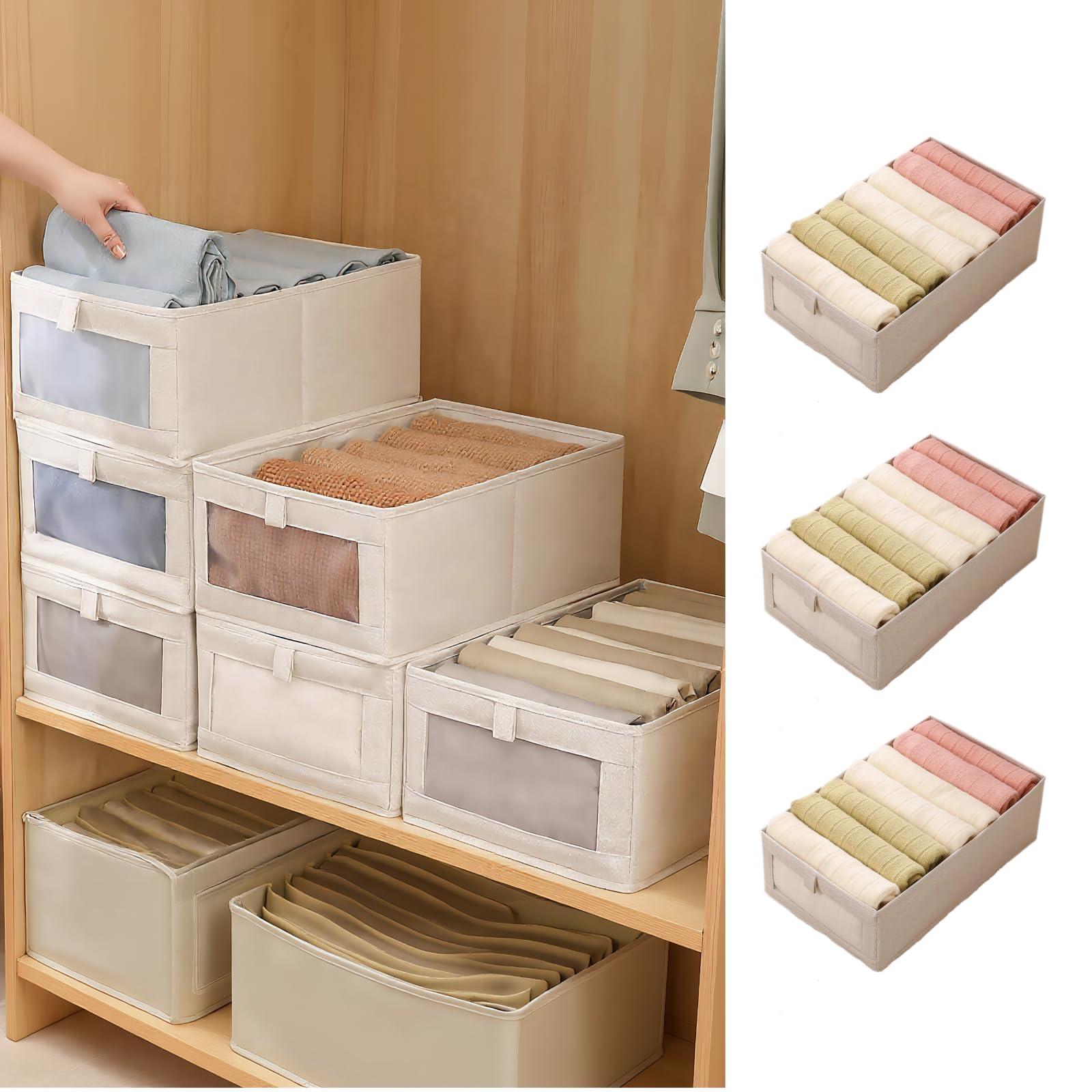 Braozaiw 3Pcs Wardrobe Storage Organiser with Clear Window - Foldable Fabric Boxes for Underwear, Socks, Clothing (Beige, Size XL 45 * 27 * 17)