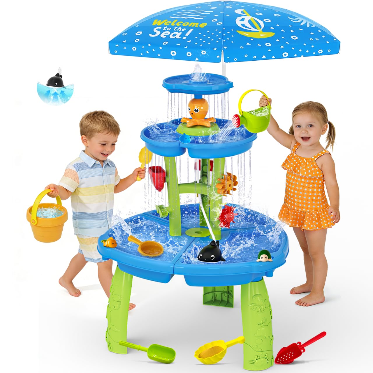 Photo 1 of 2026 Upgraded Toddlers Water Table, 3-Tier Sand and Water Table with Water Pump & Umbrella, Summer Outdoor Toys, Activity Sensory Playset, Rain Shower Splash Pond Water Toy for Boys Girls Age 3-5 4-6