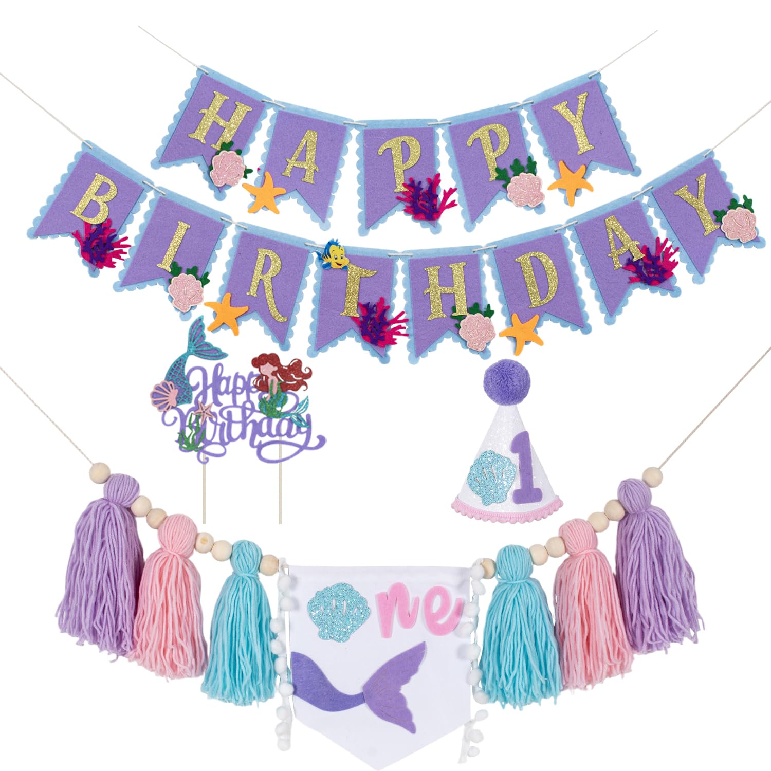 Mermaid 1st Birthday Decorations For Girls-Mermaid High Chair Banner For 1st Birthday Under The Sea Party Decorations,Mermaids Banner Birthday Hat & Cake Topper,First Birthday Mermaids Decorations — image 1