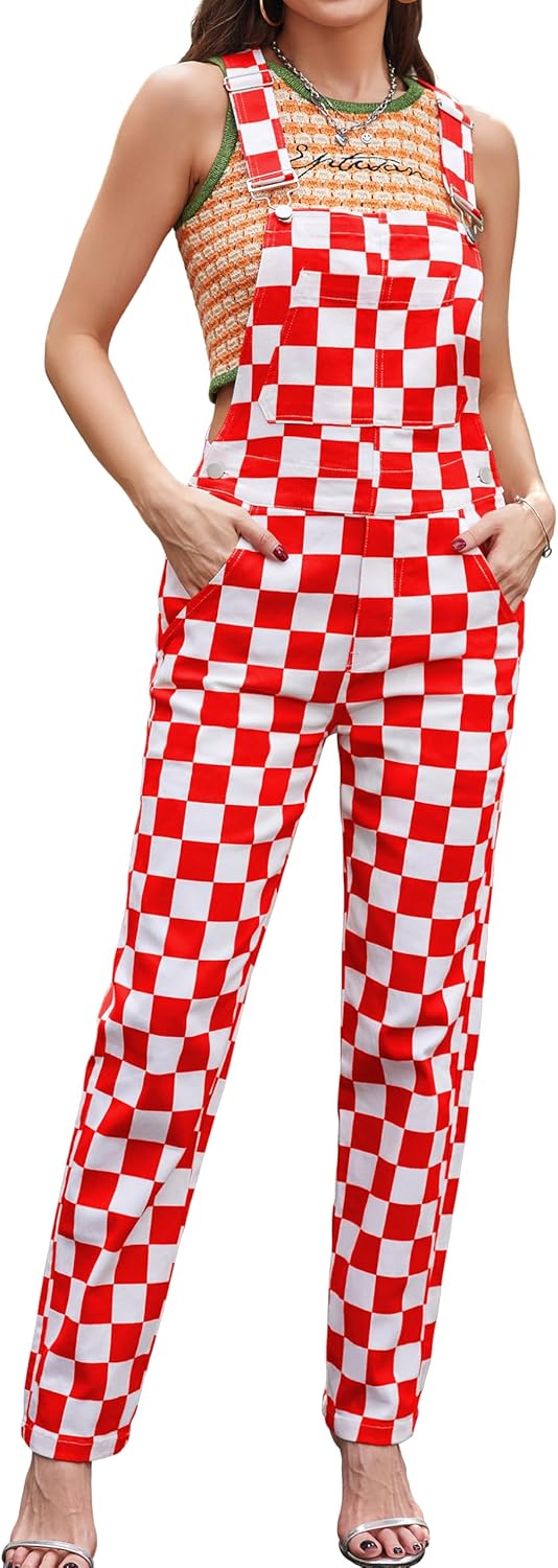 Bindefon Overalls for Women Checkered Pants Fashion Jumpsuits Stretchy Rompers Plaid Bib Coveralls