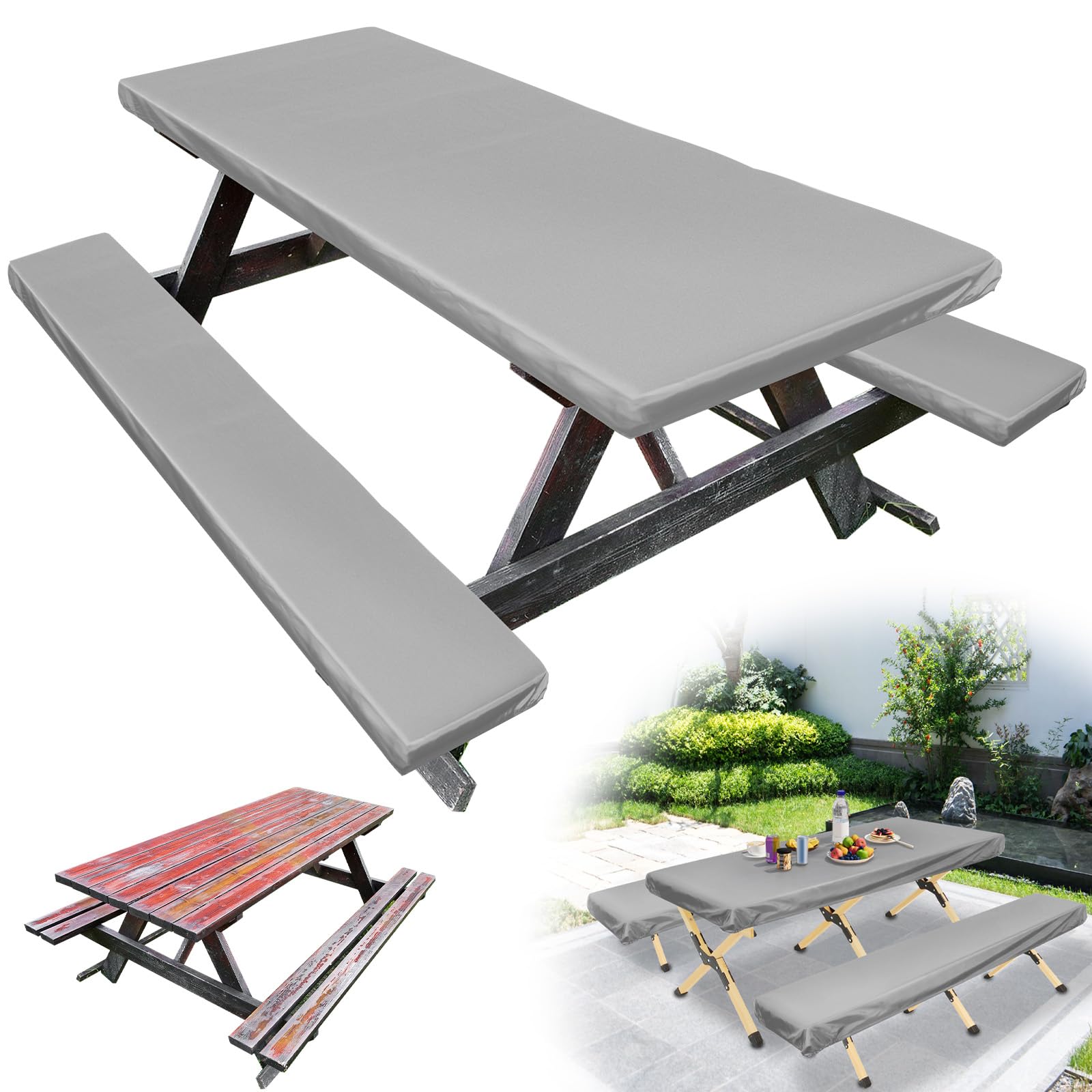 Ghshanog Picnic Table Cover with Bench Covers, Waterproof Elastic Picnic Tablecloth,183x76cm Windproof Table Cover for 6 Ft Rectangle Tables,Washable Tablecloth for Camping Outdoor(Grey)