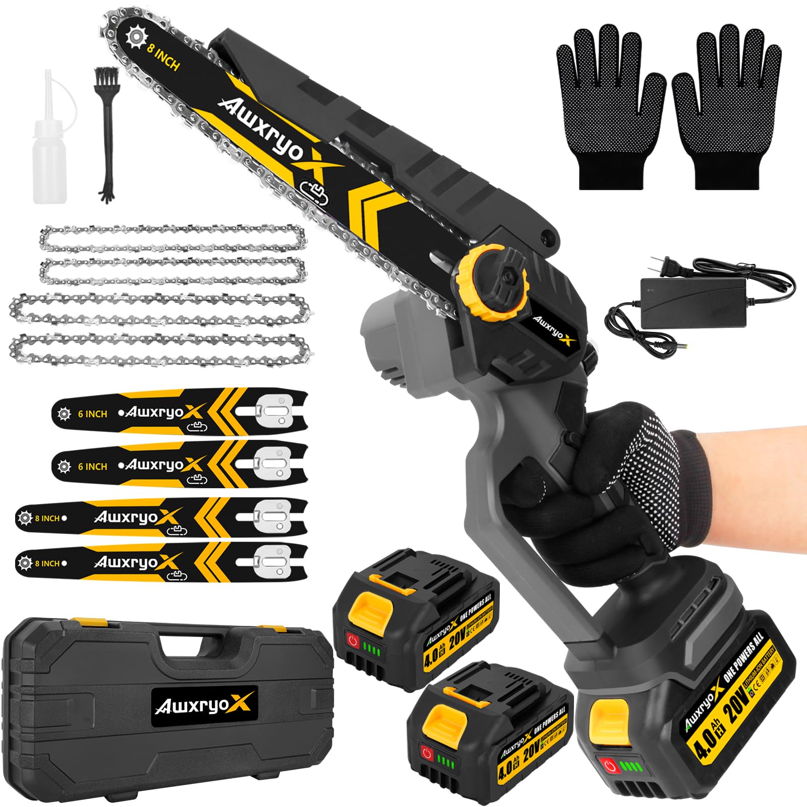 8" & 6" Mini Chainsaw Brushless, 2025 Upgraded 2x4.0AH Battery Portable Handheld Small Cordless Saw with 4 x Guide Plate, Electric Hand Saw Motosierra for Wood/Tree Cutting Gardening Pruning