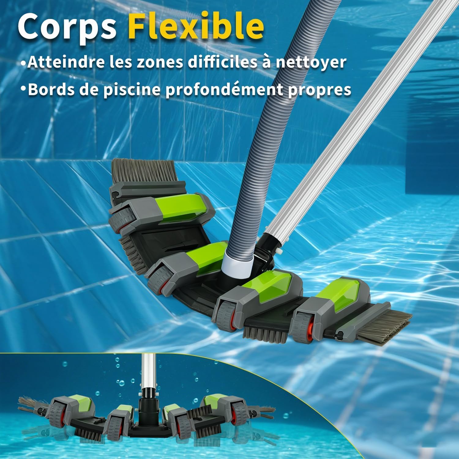 Balai Aspirateur Piscine 45 cm avec Roues, Brosse Aspirateur Piscine avec Raccord d’Aspiration, Brosse de Fond Piscine Flexible avec Brosse Latérale, Compatible Tuyaux 3.2cm et 3.8cm