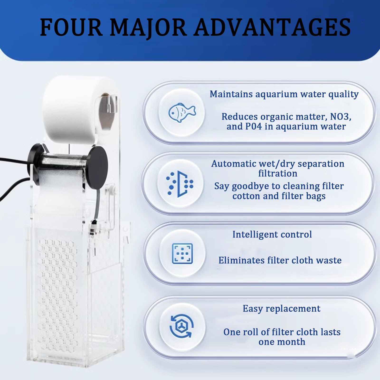 Automatischer Aquarium-Rollenfilter, intelligente Nass-Trocken-Trennung, Dual-Modus für Aquarien bis zu 1500 l/h, geeignet für Rückfilter Fischtanks über 40 cm