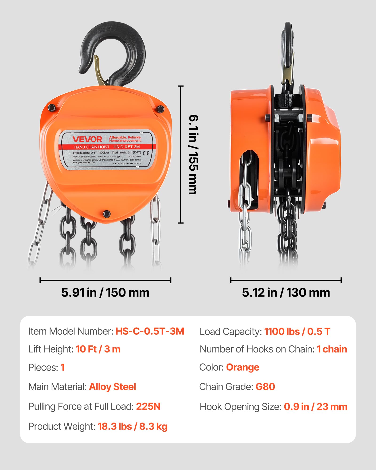 VEVOR Palan Manuel à Chaîne, Capacité Charge 0,5 T, Hauteur de Levage 3 m, avec Crochet Robuste, Chaîne G80, Système de Frein à Double Cliquet, Levage de Marchandise pour Garages, Chantiers, Entrepôts