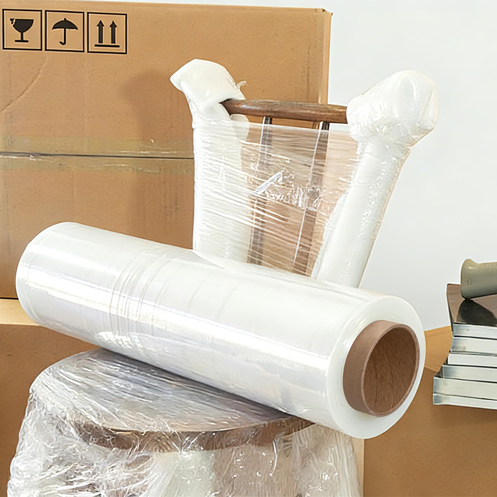 4 Rotoli di Film Estensibile Trasparente per Imballaggio e Trasloco, Film Aderente 250 m x 400 mm con Maniglia di Rotazione in Plastica, Ideale per Imballaggio e Trasloco