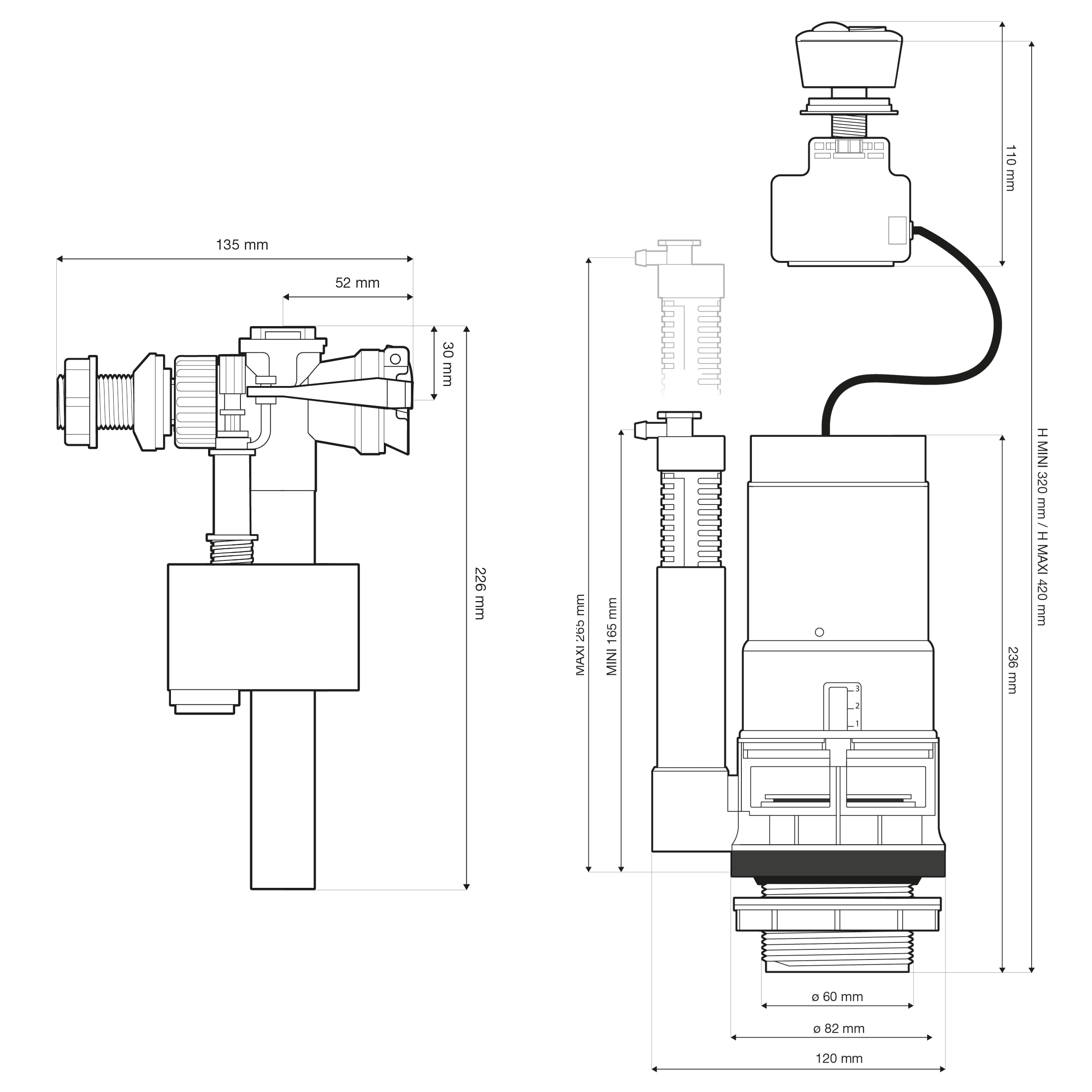 Conjunto de Descarga con Válvula Flotadora + Mecanismo de Inodoro con Cable y Botón Pulsador 3/6 L | Ahorro de Agua | Compatible con Cisternas | NOYON & THIEBAULT