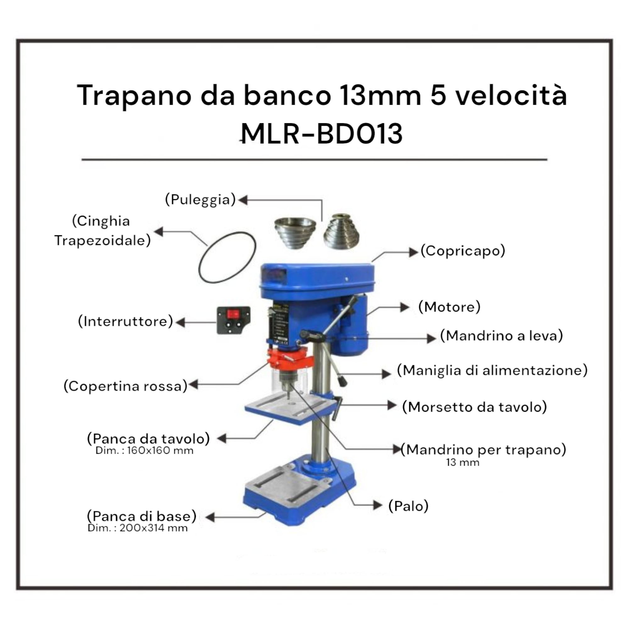 Trapano Elettrico a Colonna da Banco Potenza 350W Velocita 2650rpm Regolabile con Mandrino 13mm 580-2650RPM Arresto di profondità e Piano a Forare Regolabili Ampia Base