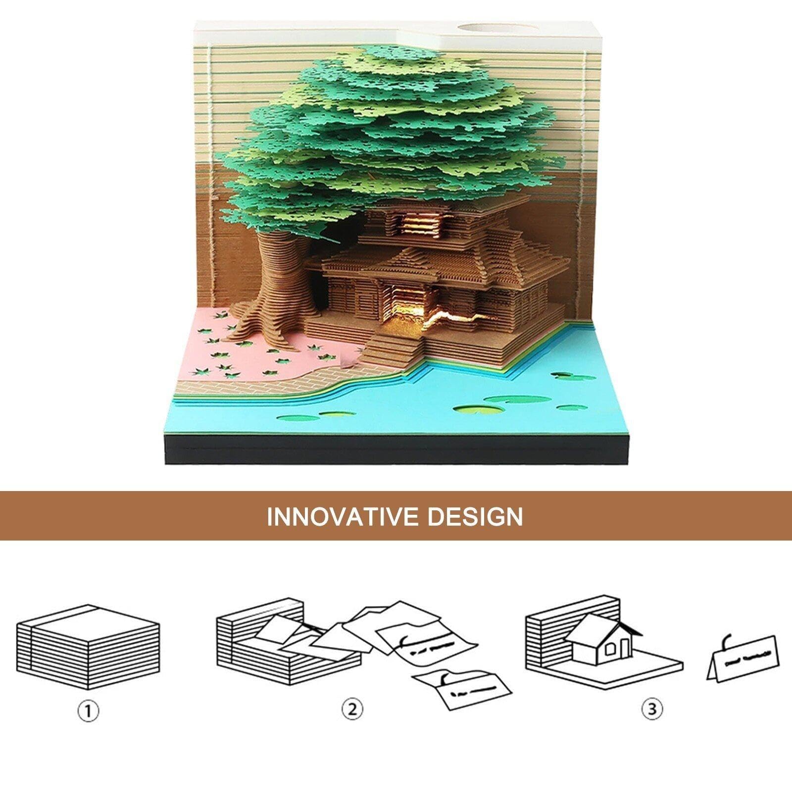 Notatnik 3D 230 arkuszy domek na drzewie notatnik papier rzeźba artystyczny notatnik z oświetleniem LED 3D nieprzywierająca karteczka samoprzylepna kreatywne prezenty