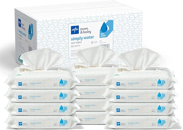 Medline Simply Water Baby Wipes, 99% Water Solution Wipes, 100% Plant-Based Cloth, 60 Count (Pack of 12)