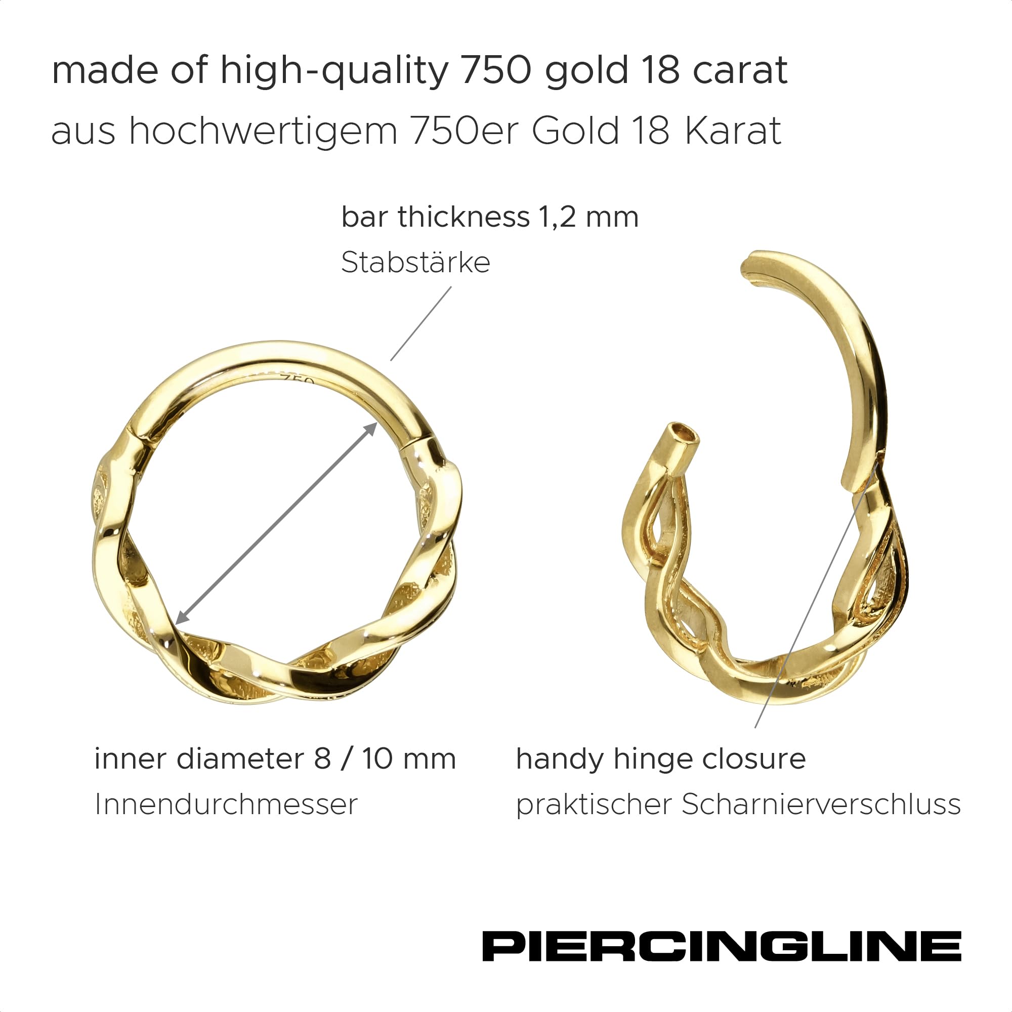 PIERCINGLINE 750er Gold Segmentring Clicker | 18 KARAT | DOPPELT GEDREHT | Piercing Ring Nase Septum Ohr Helix | Farb & Größenauswahl