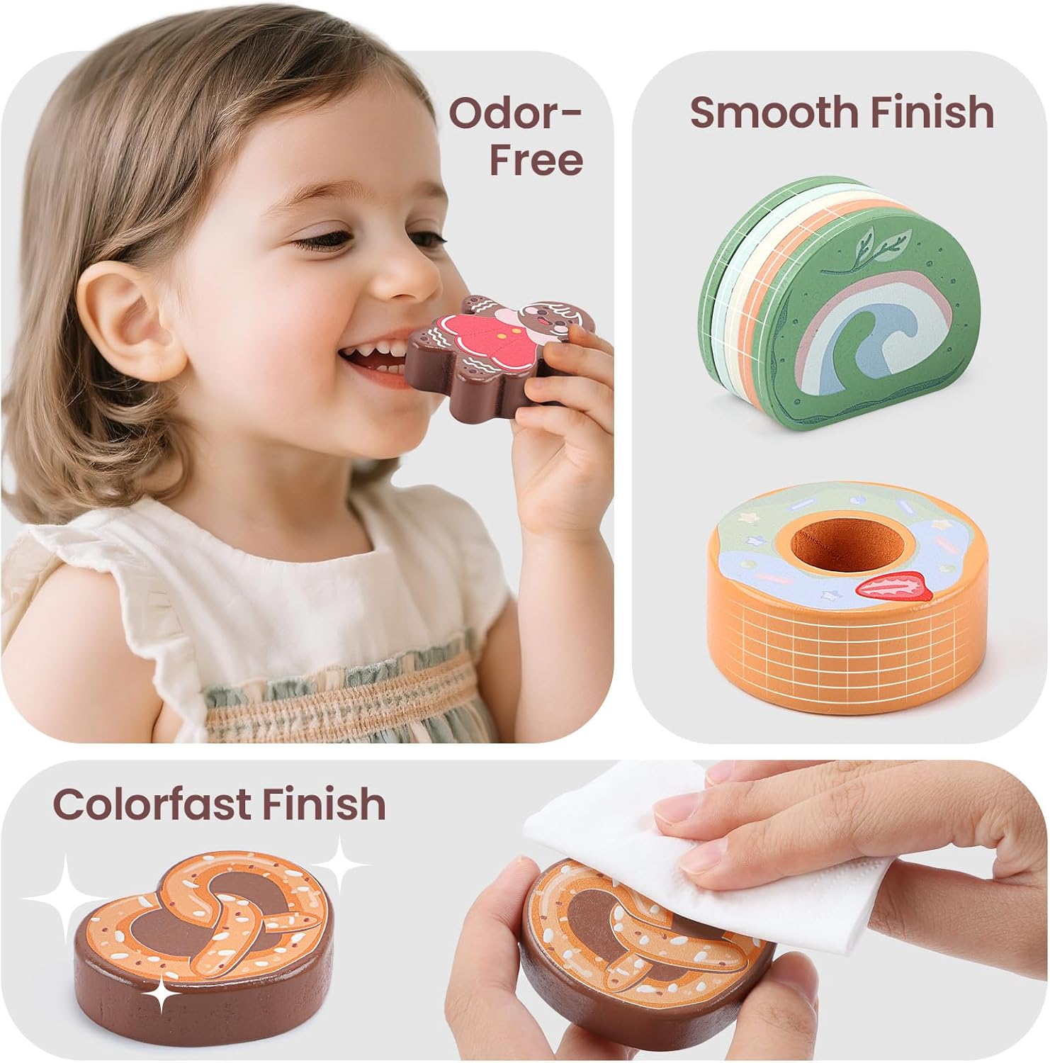 CUTE STONE Wooden Toy Tea Party Set, Kids Dessert Playset with Double-Sided Holiday Stand, Cupcake Stand, Pretend Play Baking Food for Toddler 3-6 Years Old Girls Boys - Image 4