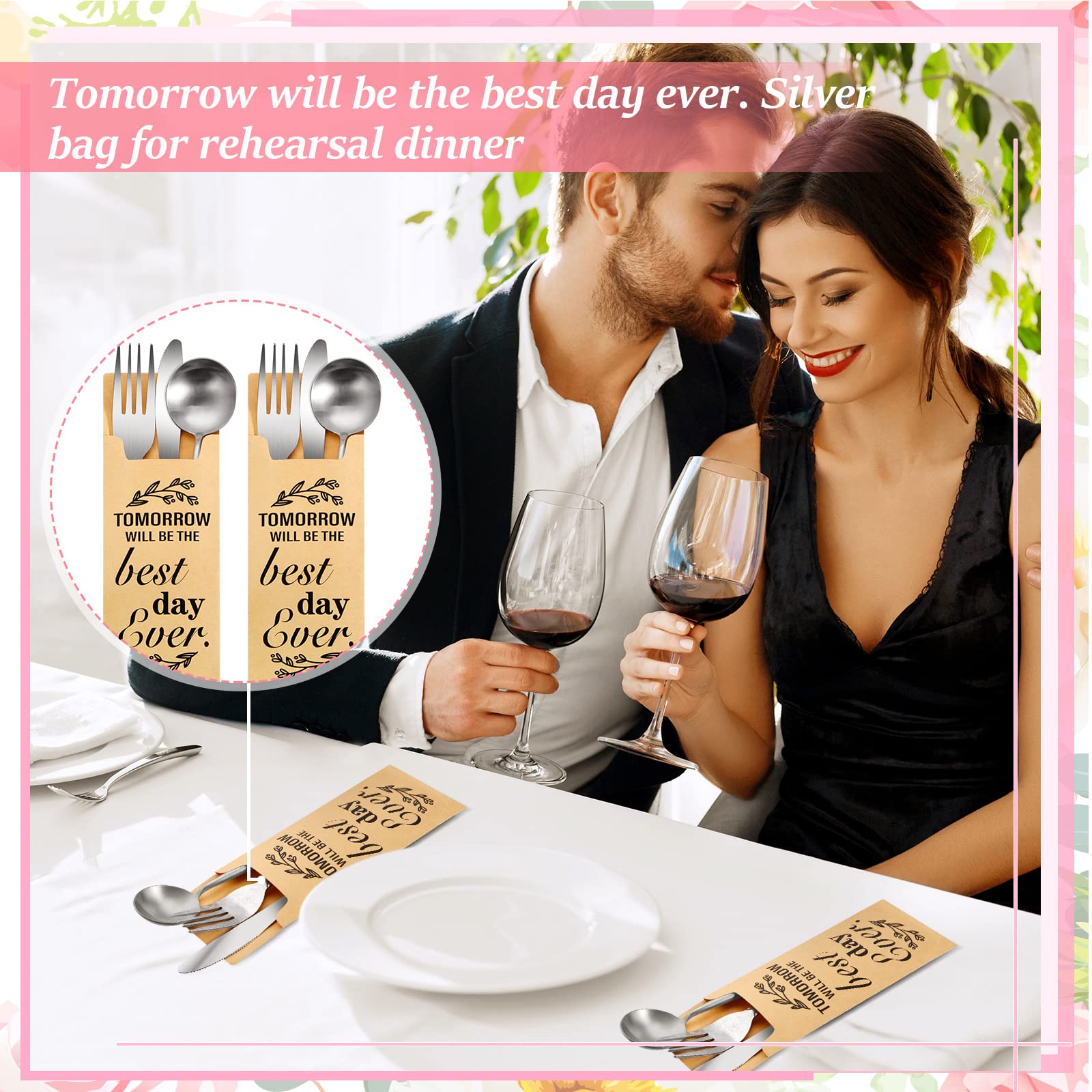 100 piezas Tomorrow Will Be The Best Day Ever - Bolsas de papel para cubiertos de boda, soporte para utensilios, bolsa rústica para cubiertos de boda, ensayo, cena, compromiso, barbacoa, 5