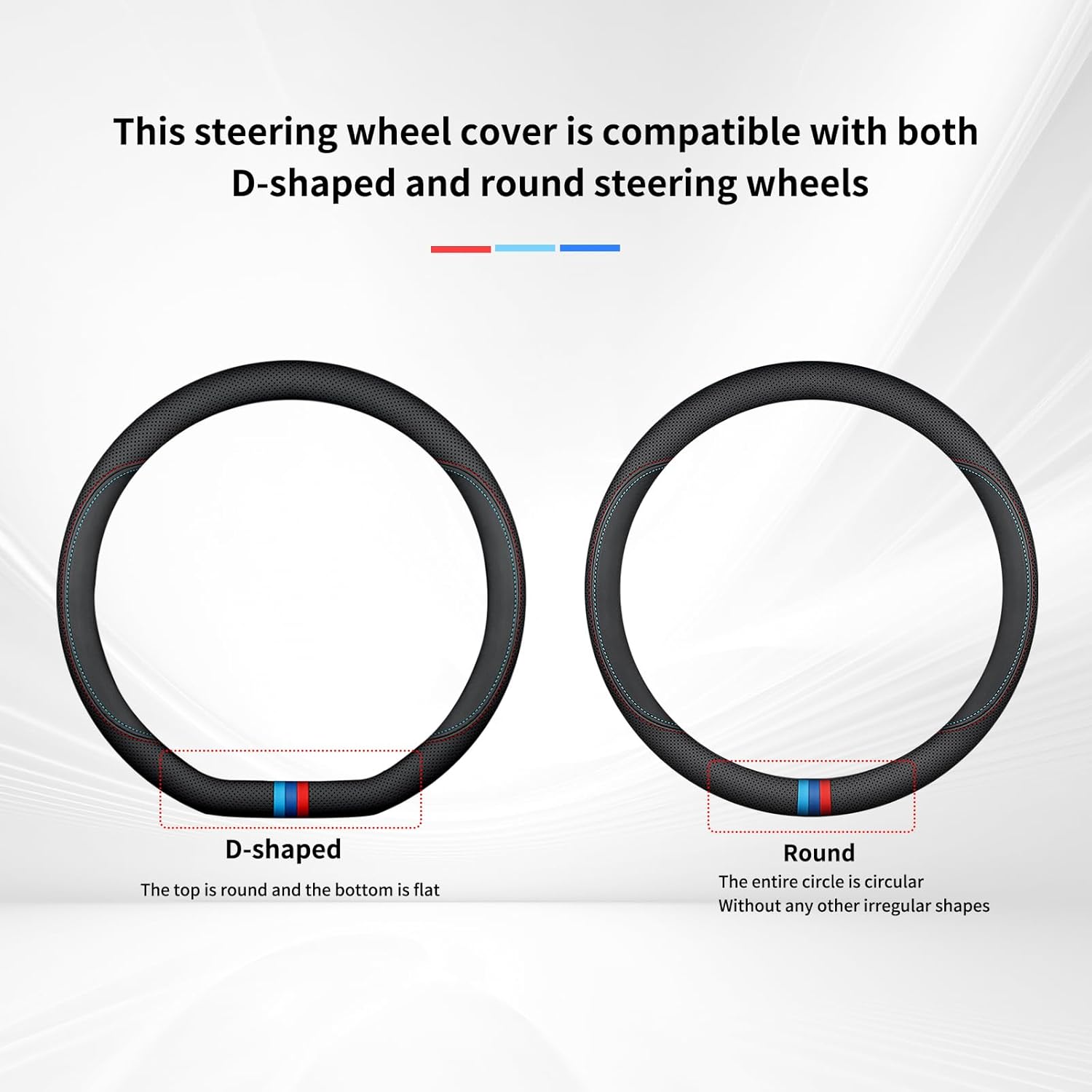 3 Pack D Shaped Nappa Leather Car Steering Wheel Cover for Volkswagen VW Tiguan Atlas ID.4 Jetta Taos SE SEL R-line S Cross Sport Accessories, Non-Slip & Breathable, Black 14.5-15 Inch