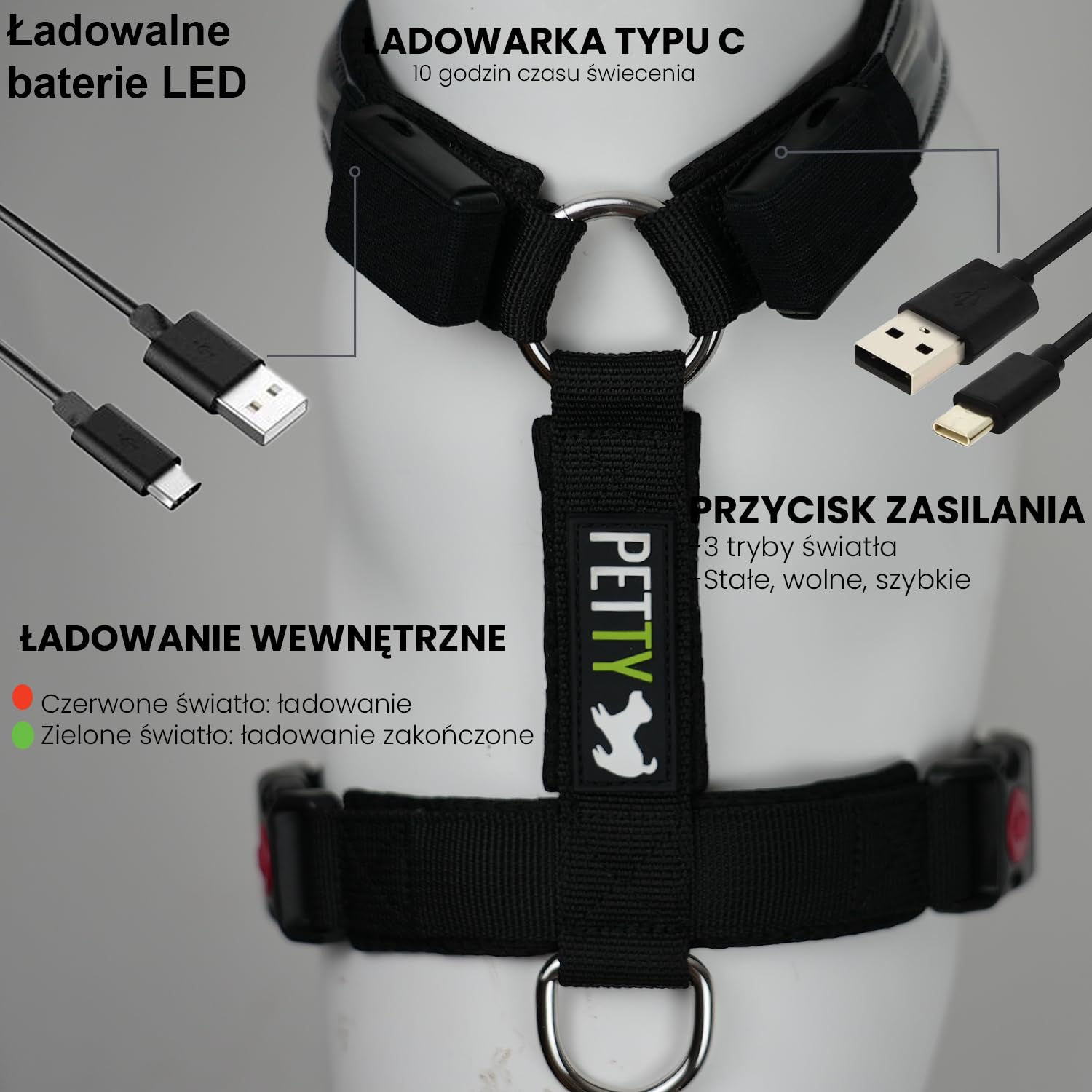 Szelki LED Luminous Pettystore dla psa, wodoodporne z akumulatorem ładowanym przez USB - do 10 godzin pracy na baterii- Wygodne szelki neoprenowe dla psów średnich i dużych. (S Czerwony)