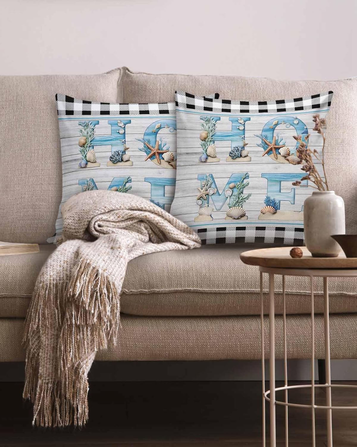 BEMIGO Summer Ocean Shell Throw Pillow Covers 16x16 Pillow Covers Set of 2, Decorative Pillows Cushion Cases for Sofa Couch Bedroom Living Room Pillowcase, Wood Grain Plaid - Image 2