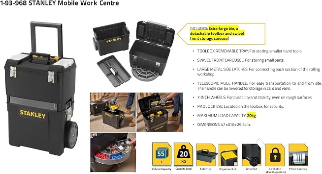 STANLEY Mobile Work Centre Toolbox, 2-in-1 Rolling Workshop with Stackable Units, Removable Toolbox, and Swivel Storage Carousel, 1-93-968