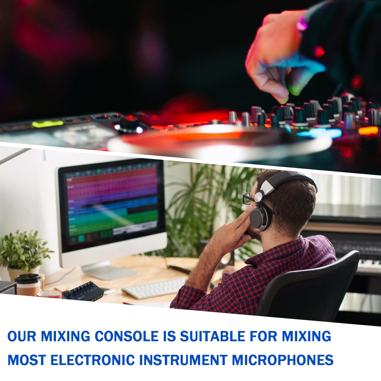 Mixer Audio a 4 Canali, Mixer Audio Stereo, Mixer Attivo Con Cavo Audio da 6,35 mm e Adattatore da 3,5 mm a 6,35 mm, Mixer Audio Stereo a 4 Canali Con 4 Ingressi e 1 Uscita per Microfoni, Chitarre