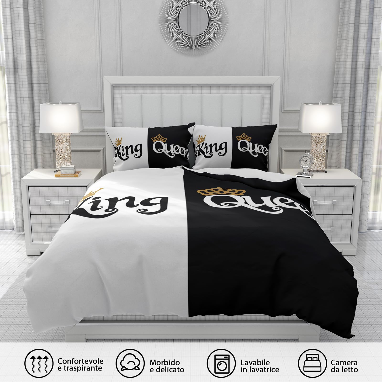 Beddengoed 220 x 240 King en Queen, zwart en wit beddengoed voor koppels, 100% microvezel, dekbedovertrek, King Queen, met ritssluiting, 1 dekbedovertrek en 2 kussenslopen (A, 200x200cm