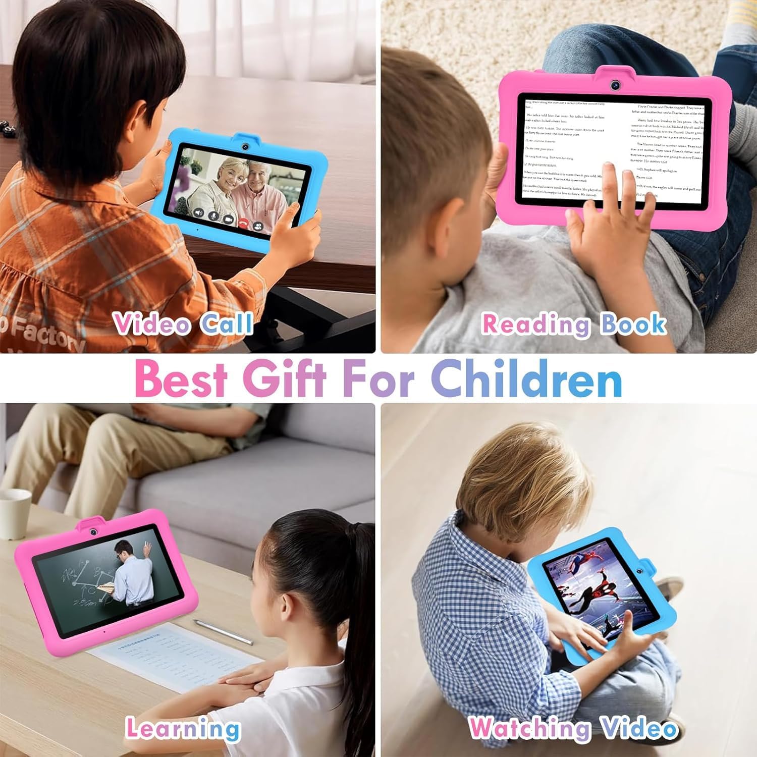 Four panels showing children using the SUMTAB K708 Kids Tablet for different activities: video calls, reading books, learning, and watching videos.