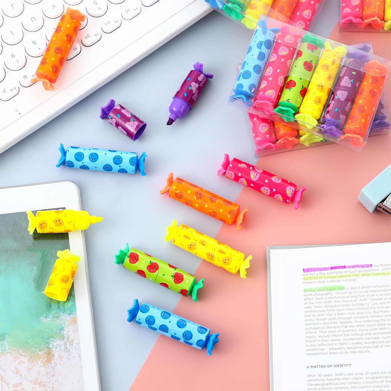 Teling 144 Pcs Valentines Day Highlighters Bulk, Mini Candy Shaped Pastel Highlighter Pens, Cute Chisel Tip Markers for Exchange Gifts, Party Favors, Goodie Bag Stuffers & Teacher Prizes (Fruit)