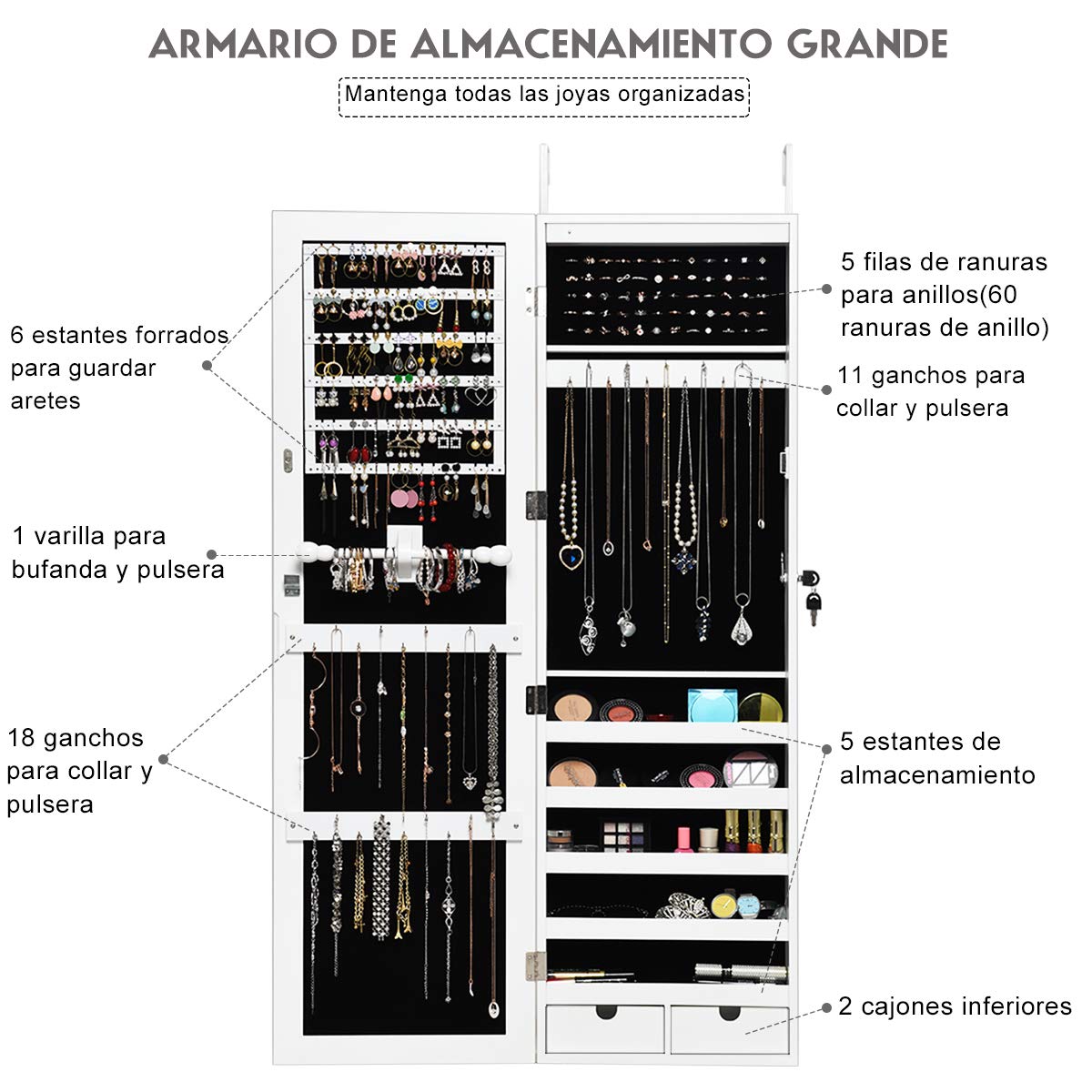 COSTWAY Armario para Joyas Espejo Joyero con 15 Luces LED Espejo de Joyería de Puerta y Pared Organizador para Anillos Cadena y Pendientes