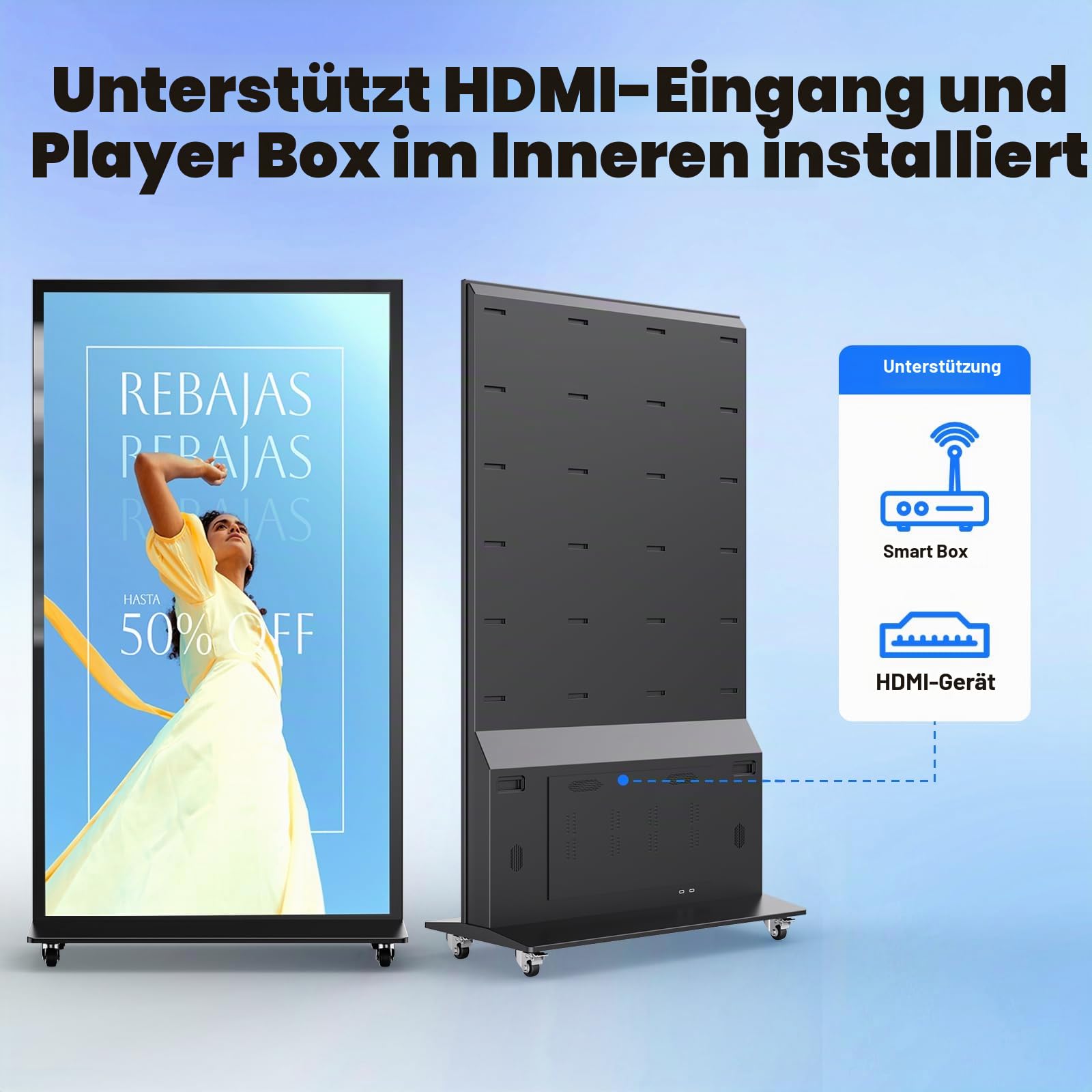 75 Zoll 4K UHD Digital Signage, Full Screen LCD Digitaler Kundenstopper, Innenbereich Digitales Werbedisplay mit Rädern, Android 11, mit WiFi/HDMI/USB für Restaurant Einkaufszentrum