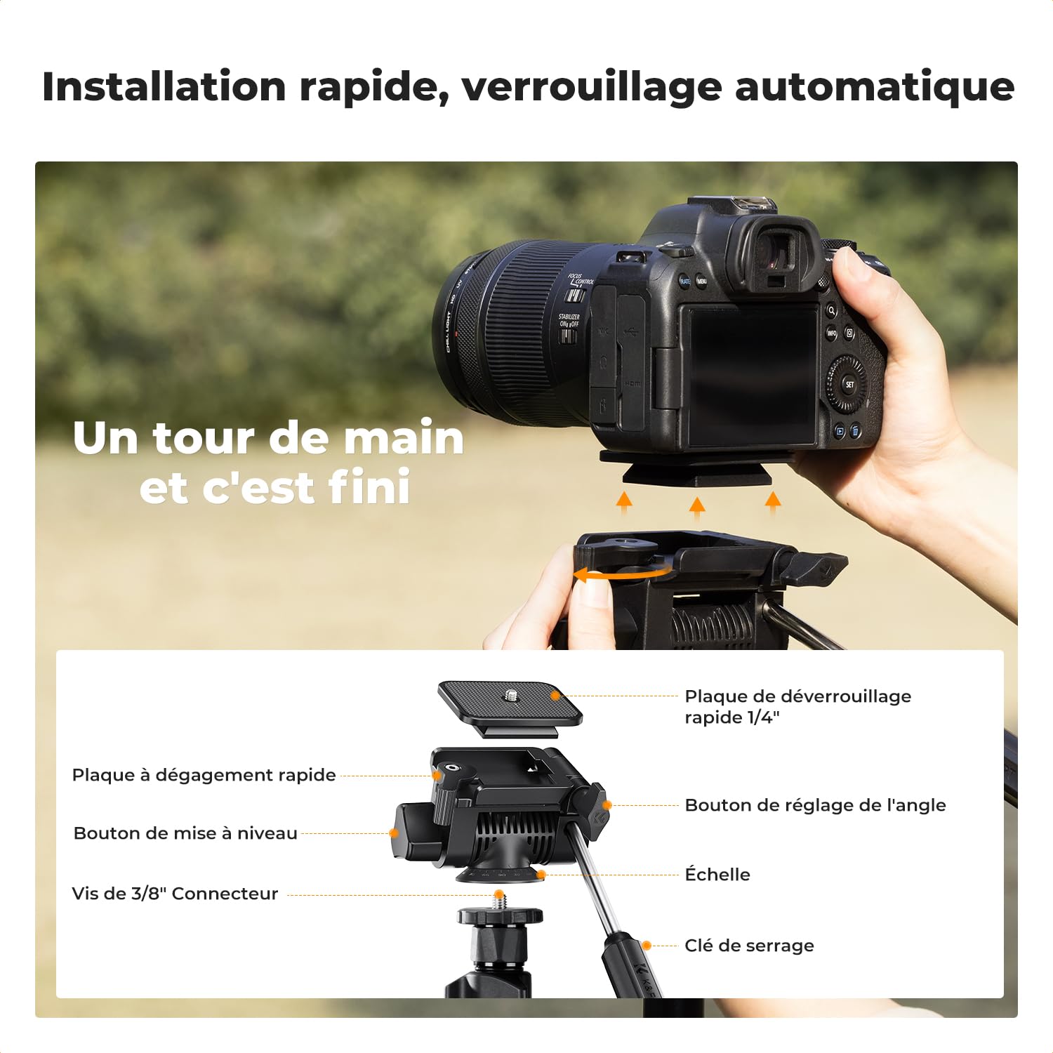 K&F Concept Trépied Vidéo 196cm avec Tête Pivotante 3 Voies