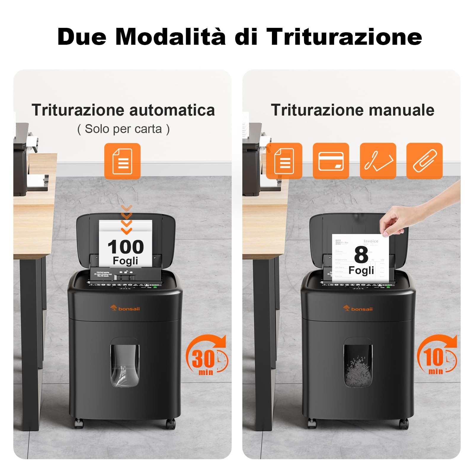 Bonsaii Distruggidocumenti, taglio micro-particellare P4, alimentazione automatica fino a 100 fogli, sistema anti-intasamento, 30 min continuo, contenitore da 16L – Per ufficio e casa, C231-D