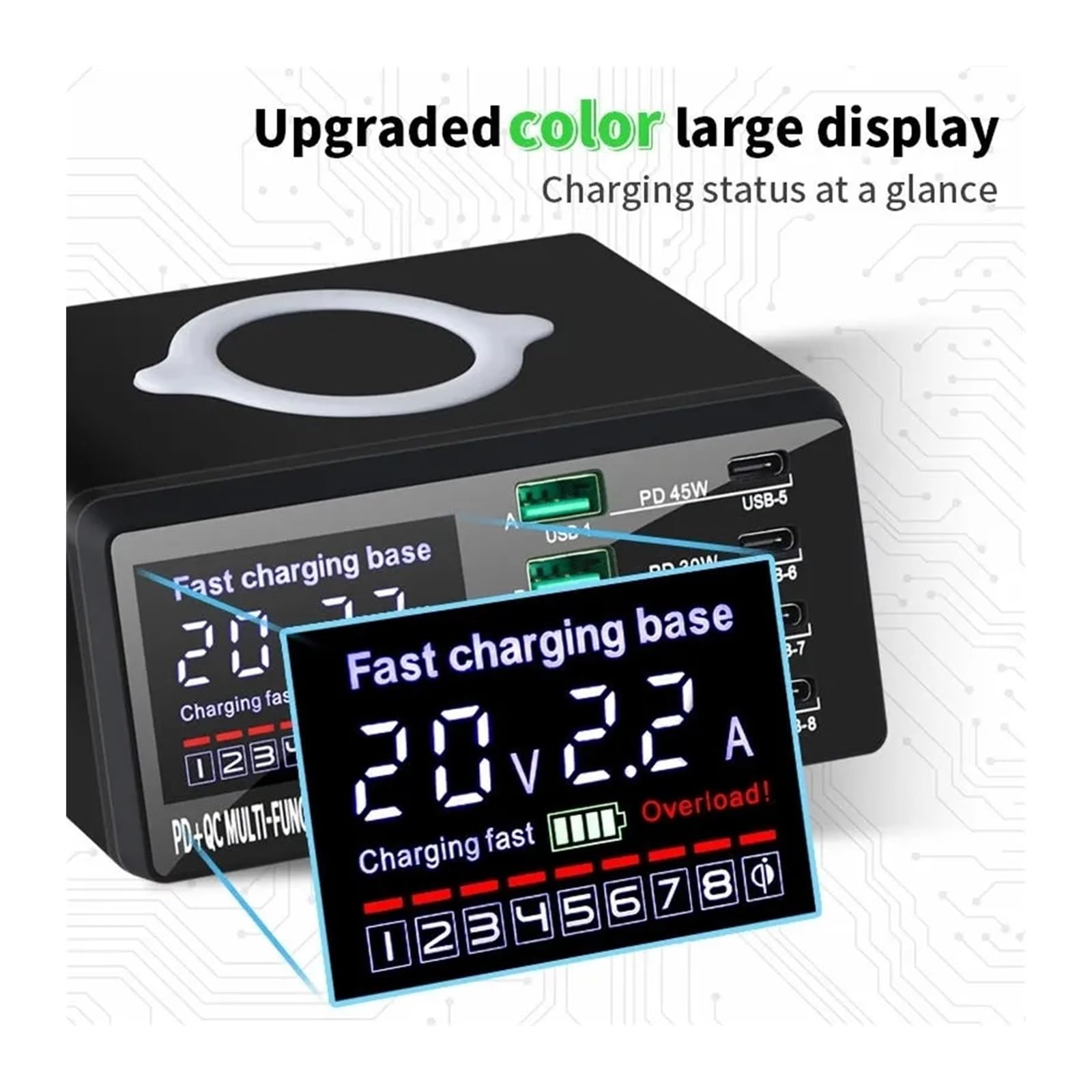 Rapide Chargeur, Chargeur sans Fil W, 8 Ports USB, Station de Charge Rapide QC3.0 PD3.0,Chargeur USB Voyage/Haute Vitesse