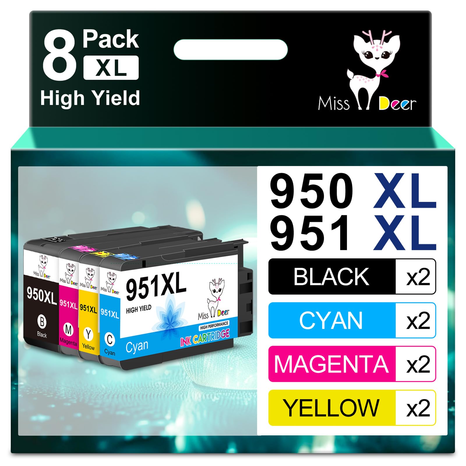 Miss Deer 950 951 XL Ink Cartridges Combo Pack Compatible Ink Cartridges Replacement for HP 950 951XL,Work for HP Officejet Pro 8610 8600 8620 8630 8640 8100 8615 251dw 271dw 276dw(2BK/C/M/Y,8 Pack)