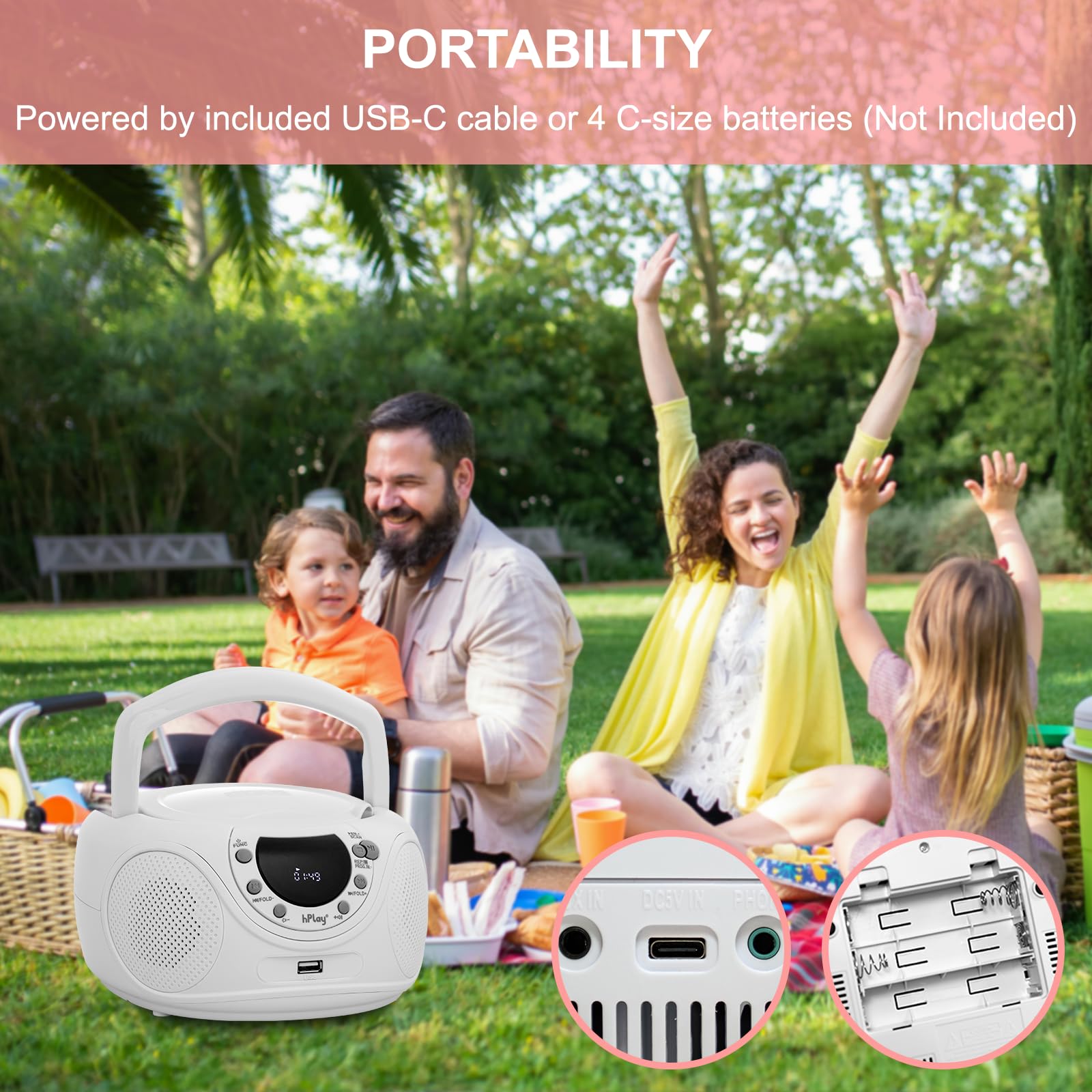 hPlay P16 przenośny odtwarzacz CD Boombox z Bluetooth, biały