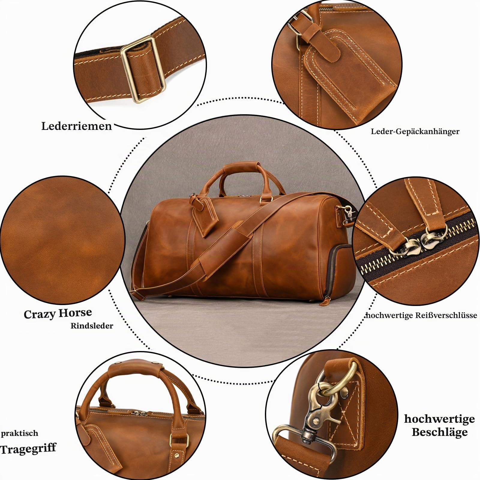 Vintage Reisetasche Herren Leder Weekender zum Umhängen Overnight Duffle Bag Großes Reisegepäck 55cm echtes Rindsleder, Hellbraun