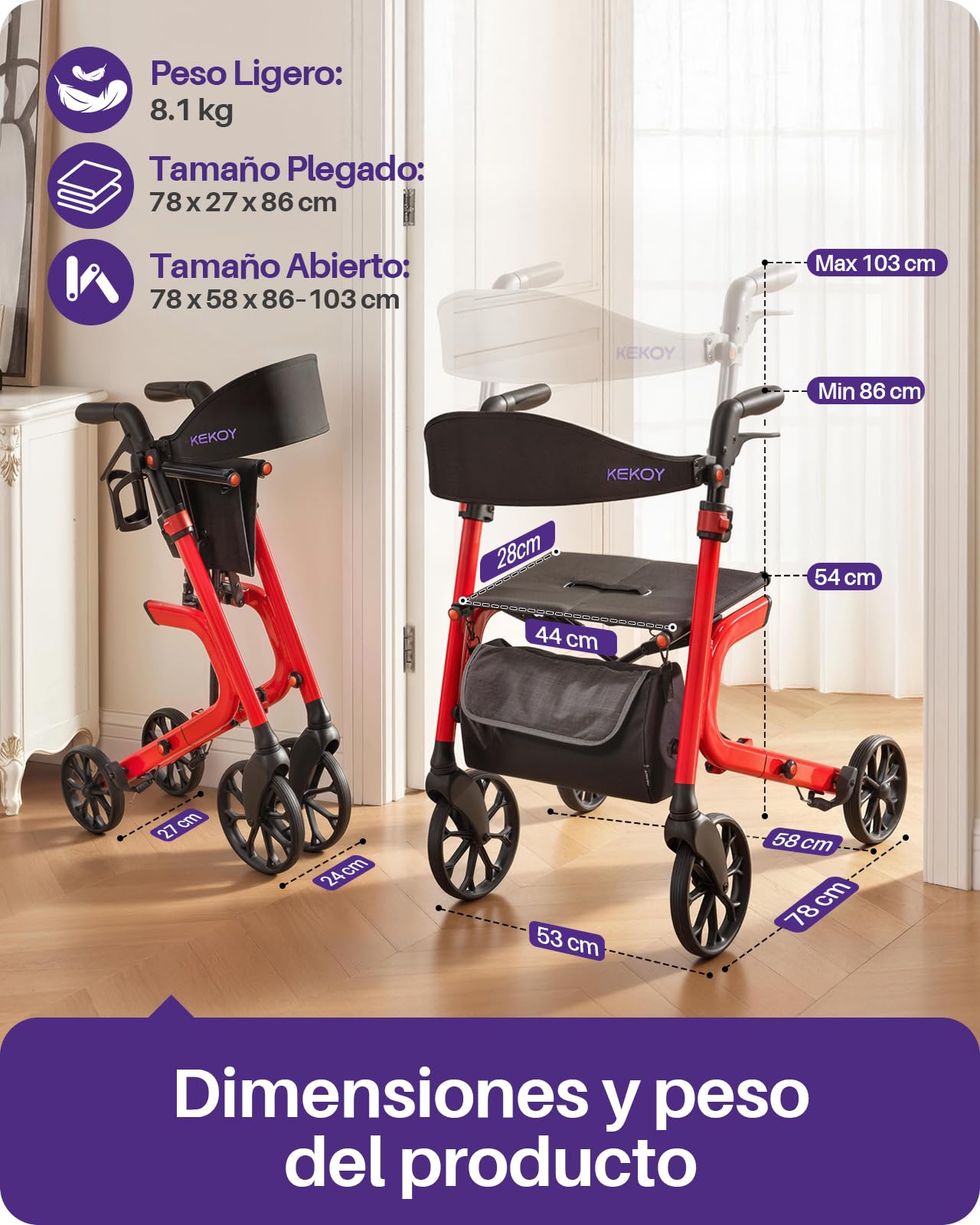 Kekoy K2 Andador para ancianos con asiento plegable de aluminio, regulable en altura, 181 kg de carga, andadores adultos con cojín de asiento de 44 cm, respaldo y bolsa de almacenaje, rojo
