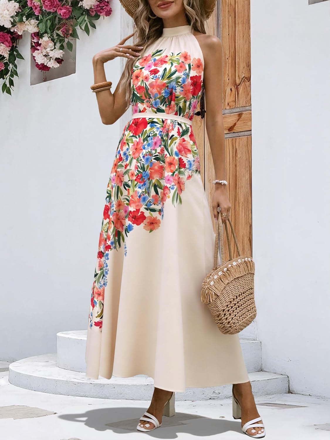 Womens Summer Floral Maxi Dress Halter Neck Sleeveless Sundresses Beach Vacation Wedding Guest Flowy Long Dresses with Belt - Image 5