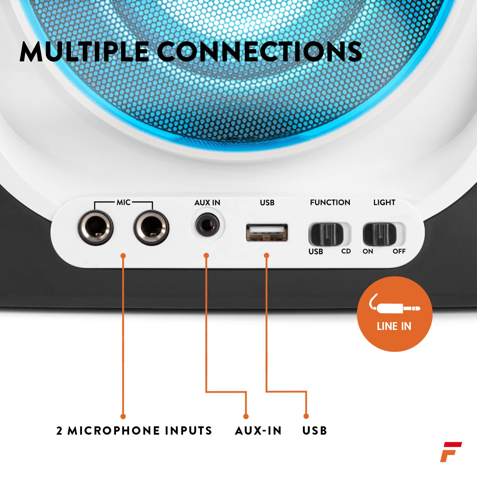 Fenton SBS30W – Altavoz karaoke bluetooth con lector CD+G, USB, 2 micrófonos con cable, salida video RCA, altavoz portátil con luces LED, karaoke machine con AUX y reproducción MP3, color blanco