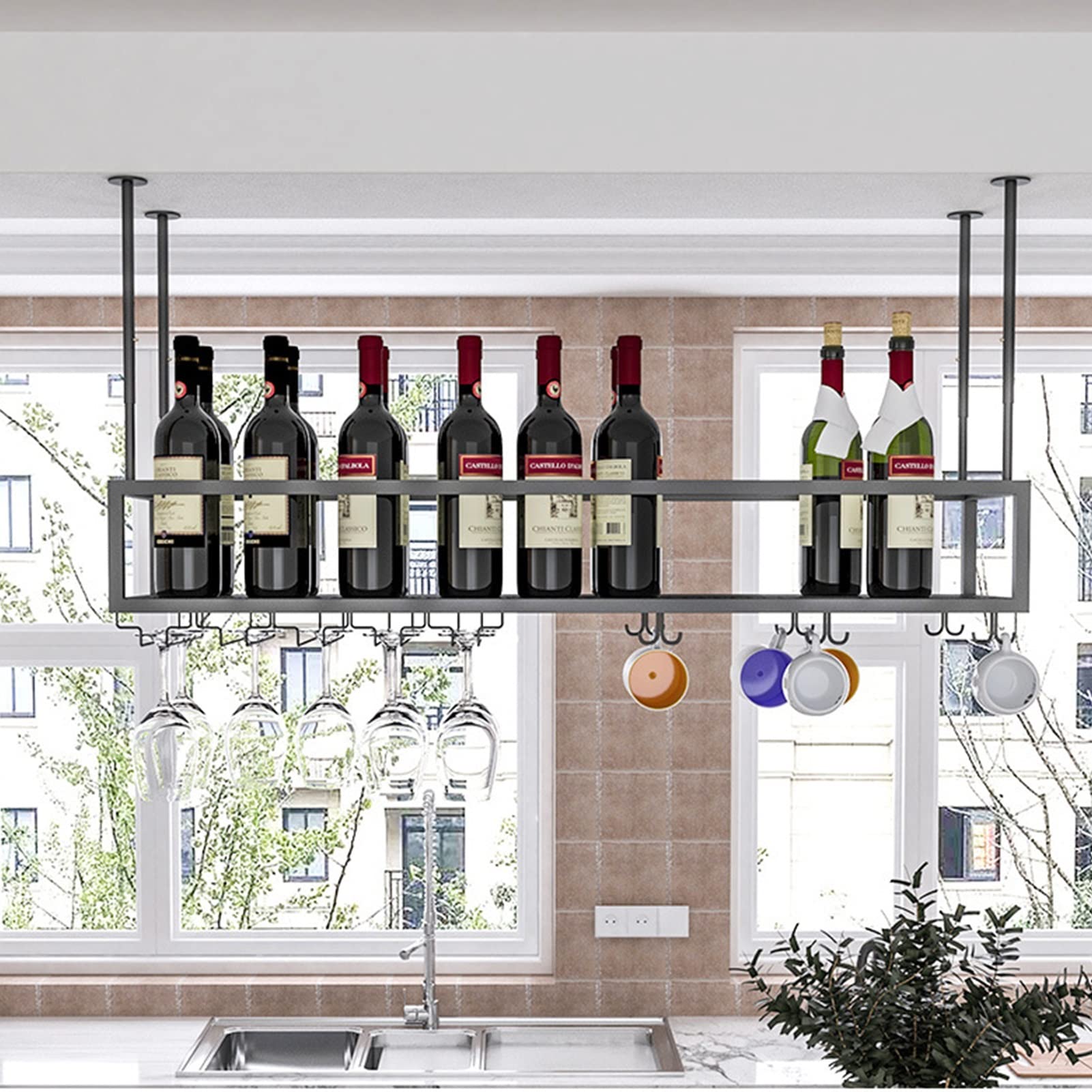 Botellero bajo Mueble - Soporte metálico para Copas y Copas de Vino, Color Negro, para Bares y cocinas (140 x 25 x 21 cm)