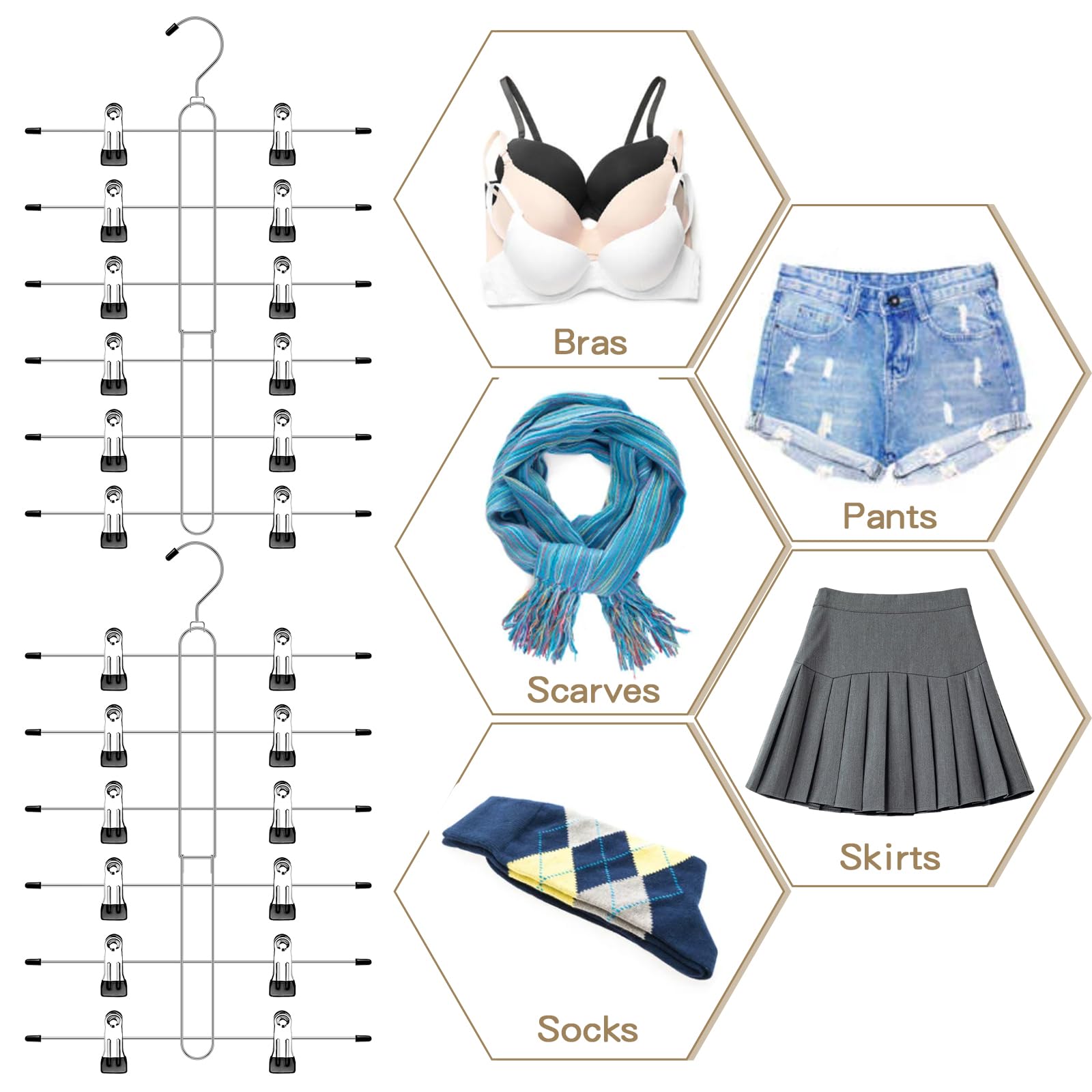 Perchas de falda de 6 niveles que ahorran espacio, paquete de 2 perchas para pantalones y faldas con clips para armario de mujer, organizador de armario antideslizante y almacenamiento de múltiples