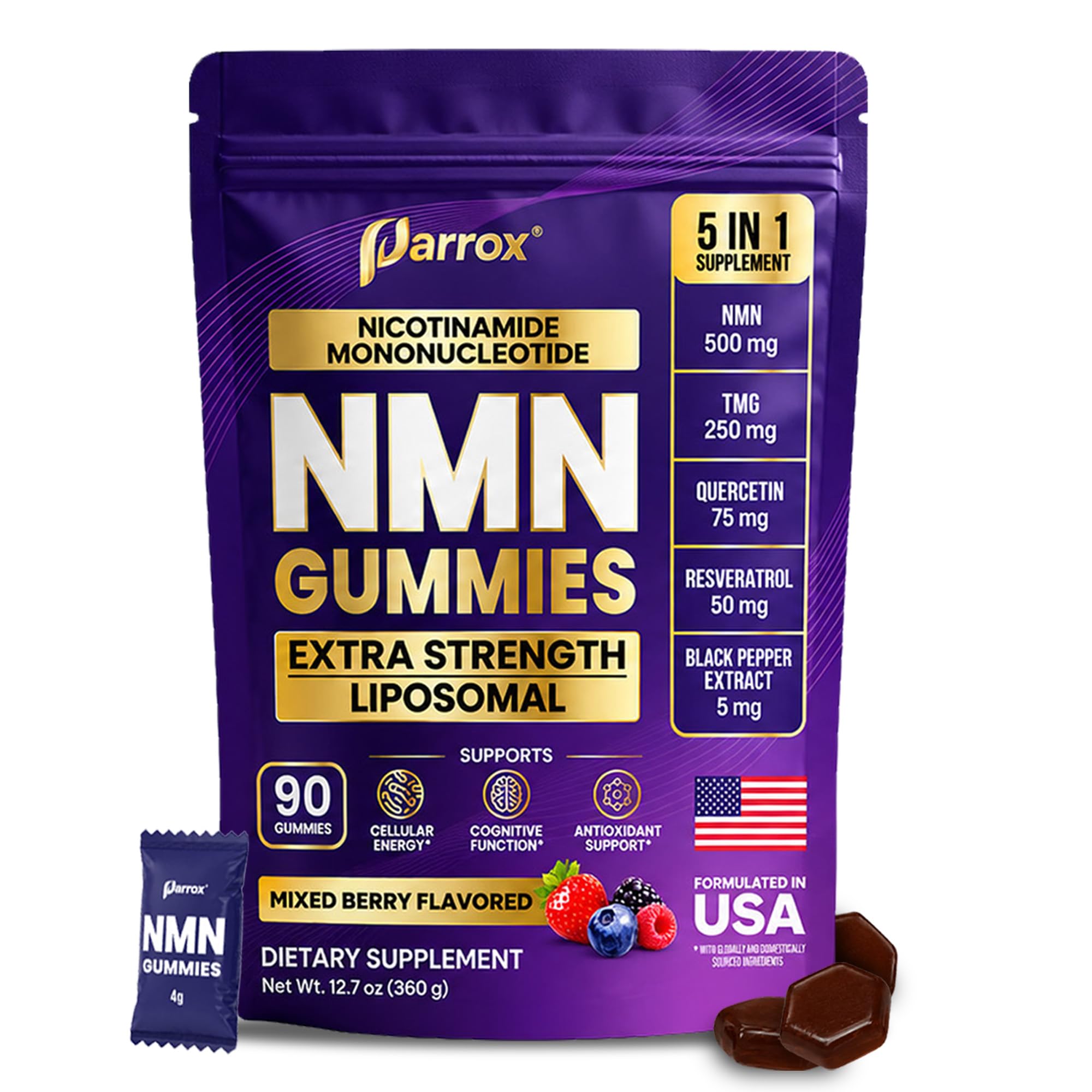 NMN Gummies 500mg – Liposomal NMN | 5-in-1 with TMG | Quercetin | Resveratrol | BioPerine® – NAD+ Precursor – Gelatin Free, Non-GMO, No Artificial Colors 1 Pack