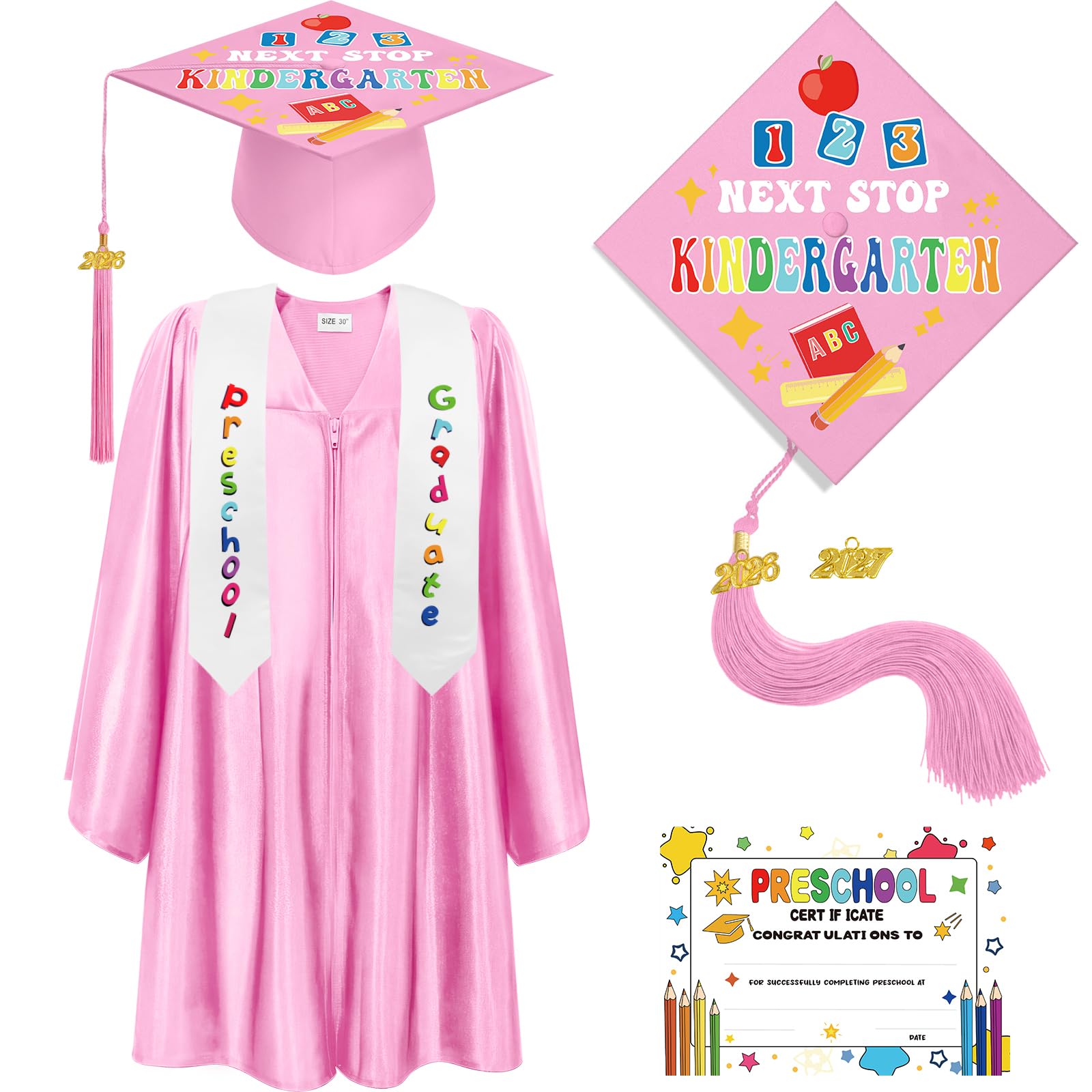 Bokon 4 Pcs 2026 Kindergarten Preschool Graduation Cap and Gown with Tassel Graduation Stole and Certificate for Toddler Kids