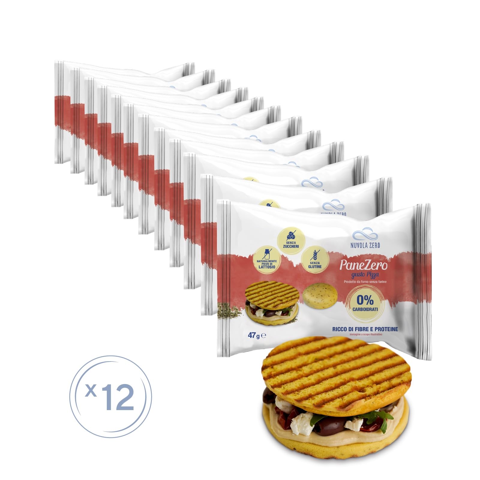 Nuvola Zero - Pane Zero Pizza, Pan Sin Carbohidratos, Sin Azúcar, Sin Lactosa, Alto en Fibra y Proteínas, Sin Gluten, Paquete de 12 uds, Fabricado en Italia