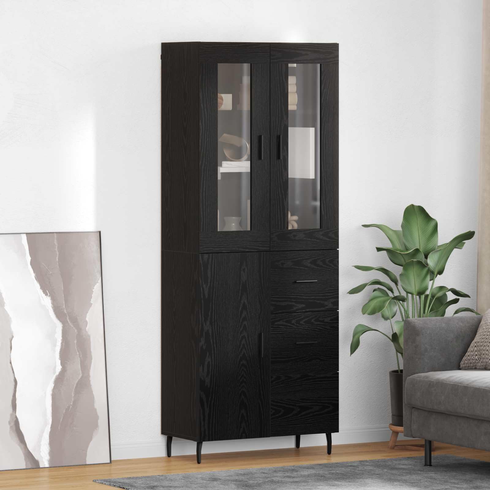 Aparador highboard negro estilo roble ideal para organizar salon y comedor moderno