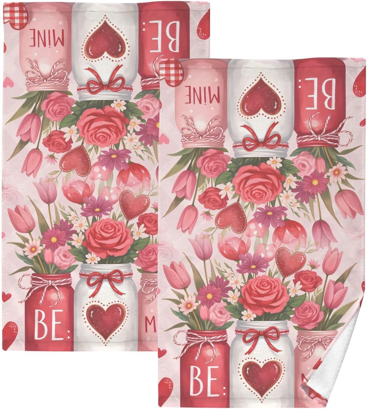 Cotton Hand Towels for Bathroom Set of 2 Roses Flowers Love Hearts Vase Valentine’s Day Kitchen Towels Soft Bath Towel Absorbent Towels for for Face,Gym,Sports 16x28in