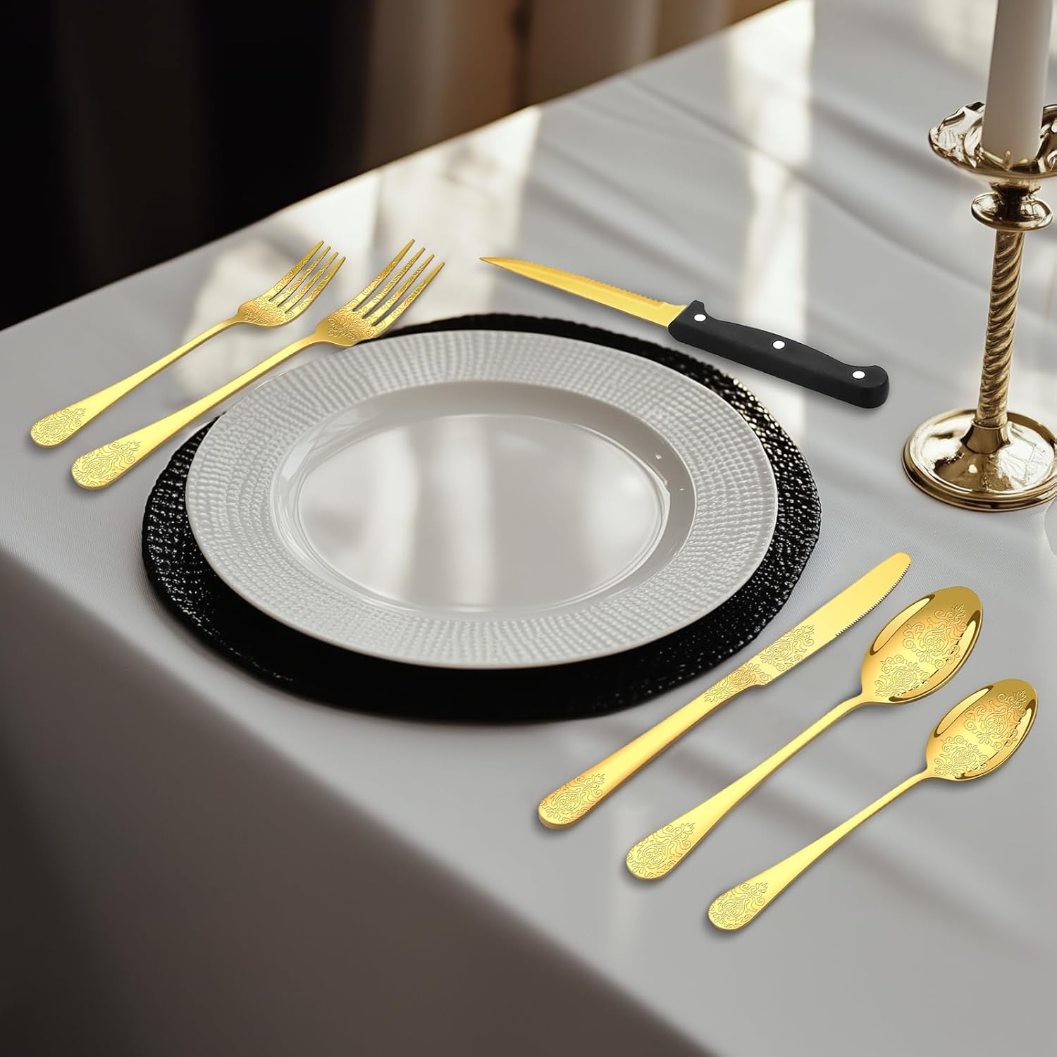 49PCS Gold Silverware Set for 8 with Flatware Drawer Organizer, Stainless Steel Cutlery Set with Steak Knives, Include Spoons and Forks Set, Carving floral patterns, Dishwasher Safe