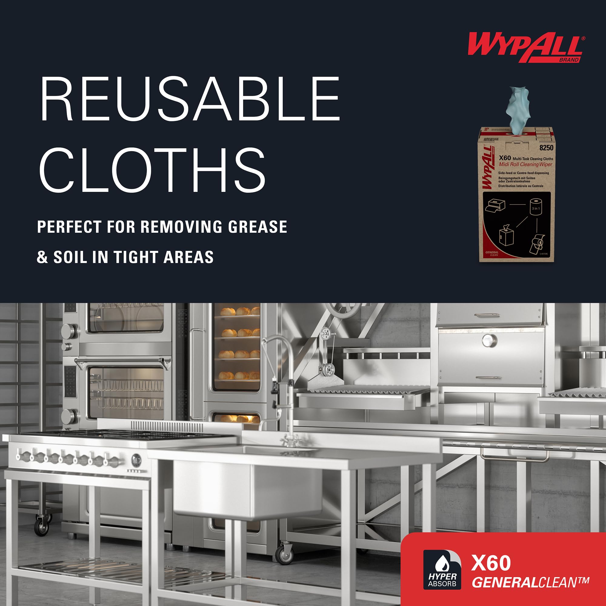 WypAll X60 General Clean Multi-Task Reinigungstücher, blaue Wischtücher zur Universalreinigung, 2-in-1 Midi-Rollenreinigungssystem, 1 blaue Rolle x 235 Wischtücher, Artikel-Nr. 8250